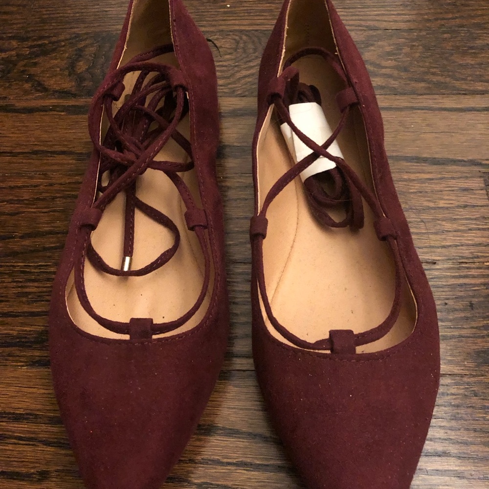 Brand new burgundy suede lace up ballet flats by Loft.